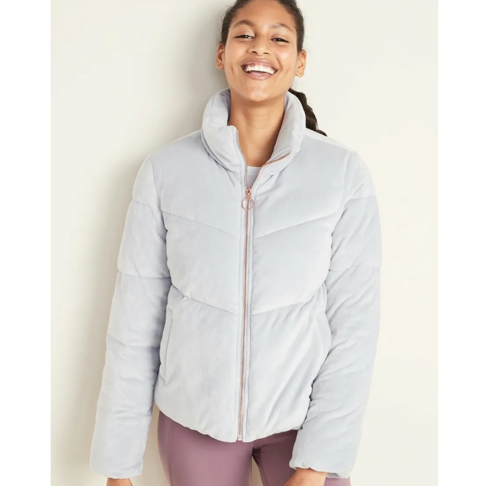 Old Navy Quilted Velour velvet suede Gray lilac purple Puffer Jacket Coat